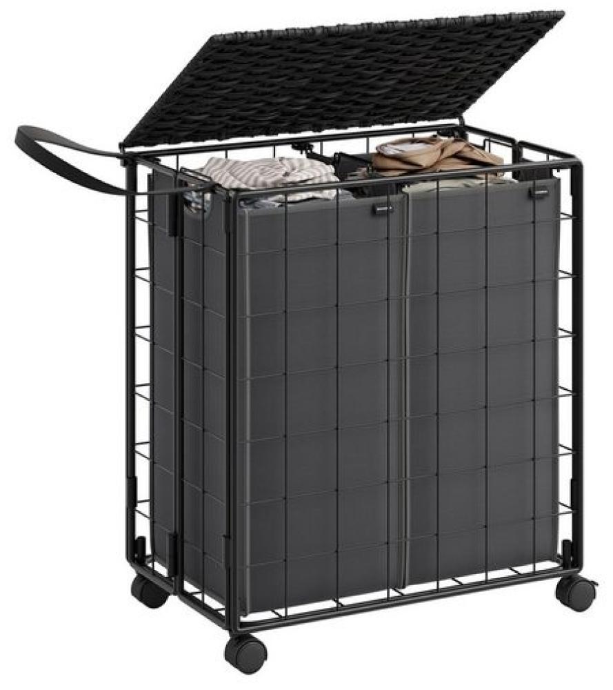 Songmics Wäschekorb 110 L, Wäschesammler mit Rollen, Wäschesack herausnehmbar, 2 Innensäcke, Wäschewagen mit Deckel, 57 x 33 x 65 cm, für Waschküche, tintenschwarz-schiefergrau LCBDE211B11 Bild 1