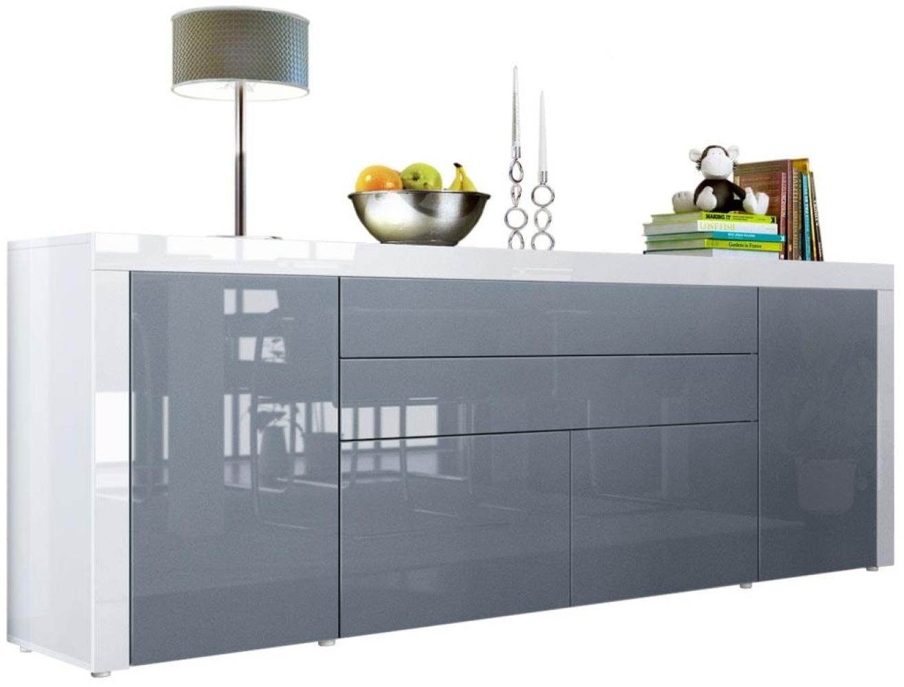 Vladon Sideboard La Paz V2, Kommode mit 2 Türen, 2 Schubkästen und 2 Klappen, Weiß Hochglanz/Grau Hochglanz/Weiß Hochglanz (200 x 72 x 35 cm) Bild 1