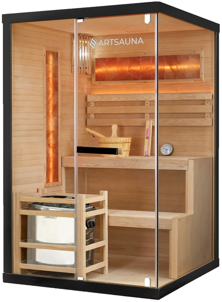 Artsauna Saunakabine Vantaa 120 mit Salzstein - Indoor Sauna 2 Personen - 3,5kW Ofen, Glasfront, LED Licht, Thermometer & Sanduhr - Komplett Set Bild 1