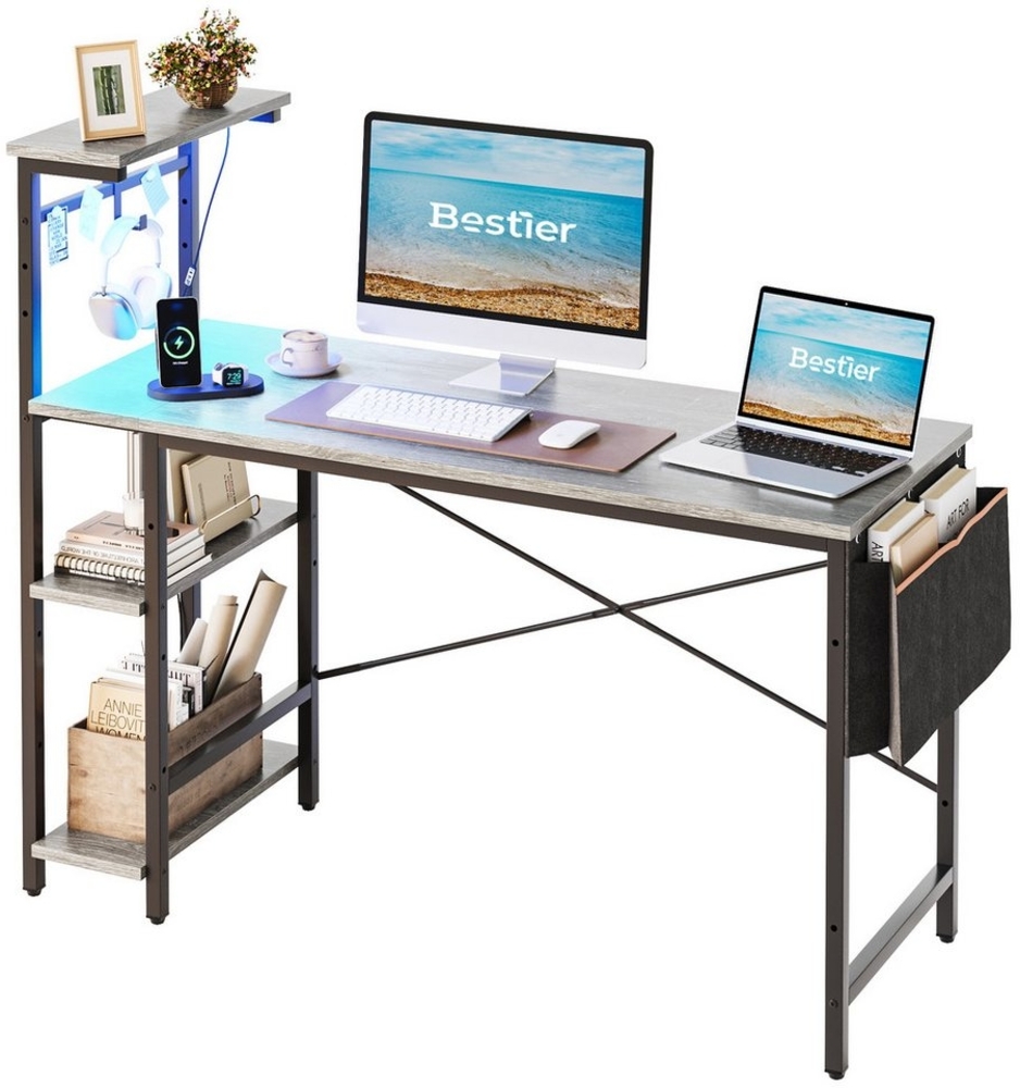Bestier Computertisch Gamingtisch, Computertisch mit LED & Regal (113/130/155 cm, Verstellbarer Schreibtisch Rechts oder Links, Bürotisch mit LED-Beleuchtung), für Heimbüro, Raum Bild 1