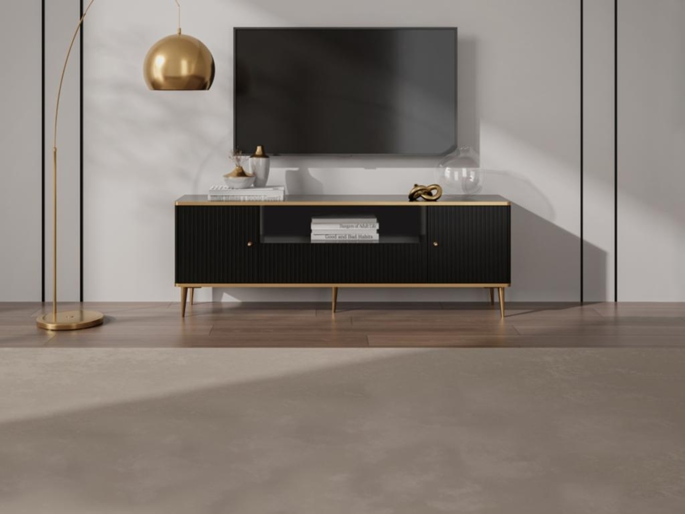 Vente-unique - TV-Möbel - 2 Türen, 1 Schublade und 1 Ablagefach - MDF und Stahl - Schwarz und Goldfarben - SINEAD von Pascal MORABITO Bild 1