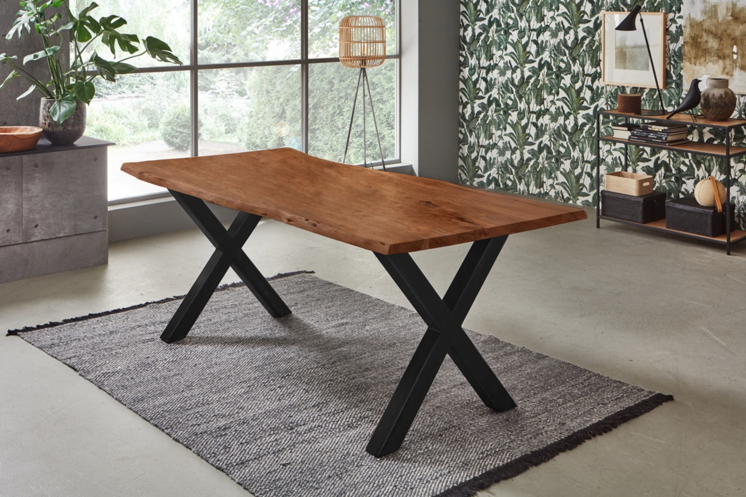 Esstisch Baumkante Akazie nussbaumfarben 160 x 85 cm X-Gestell schwarz FREDERIK 80994791 Bild 1