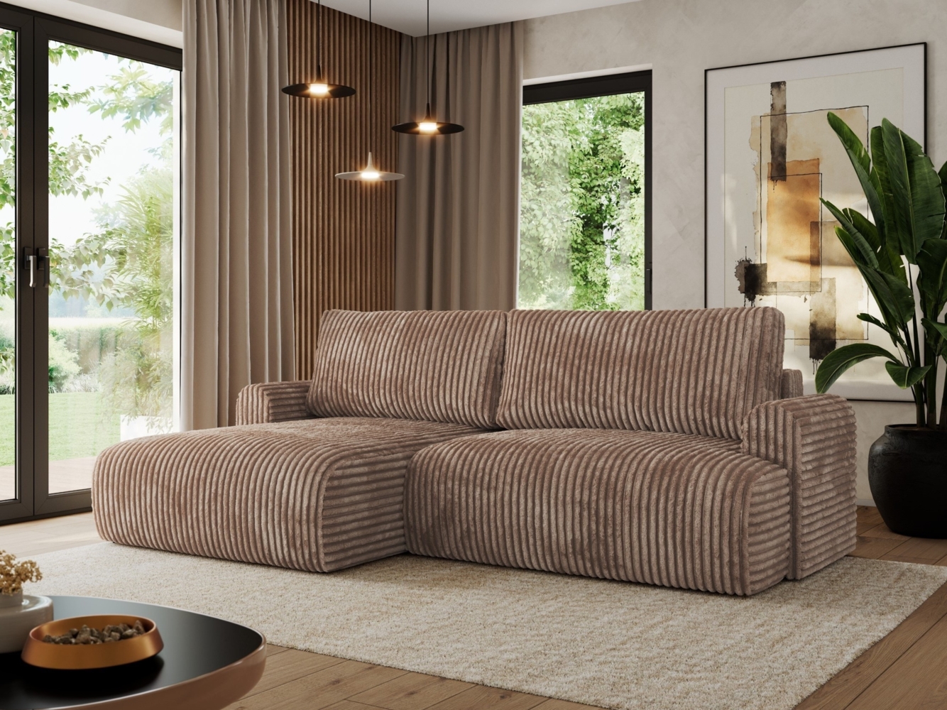 L-förmiges Ecksofa mit losen Kissen und Armlehnen für das Wohnzimmer, Ecksofa mit Schlaffunktion, Bettkästen - TONO - Braun Cord - linke Seite Bild 1