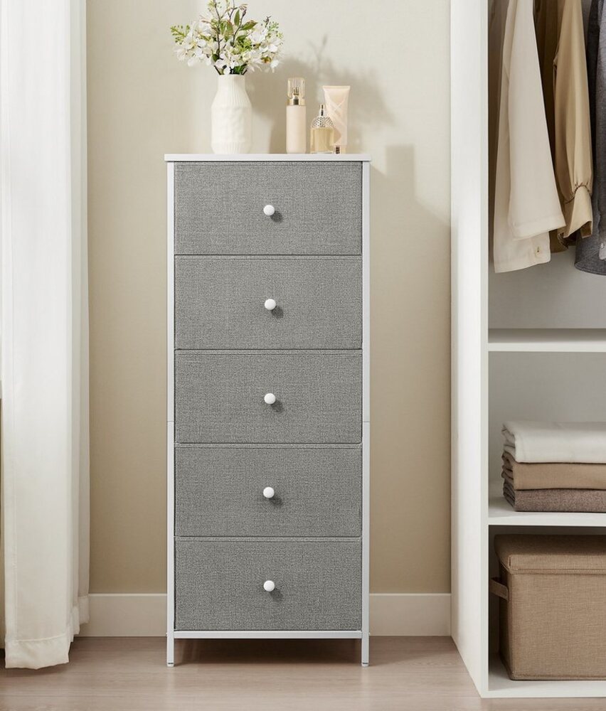 Songmics Kommode, Aufbewahrungsschrank mit 5 Stoff-Schubladen, Metallrahmen, hoch und schmal, taubengrau-cremeweiß LTSDE315G01 Bild 1