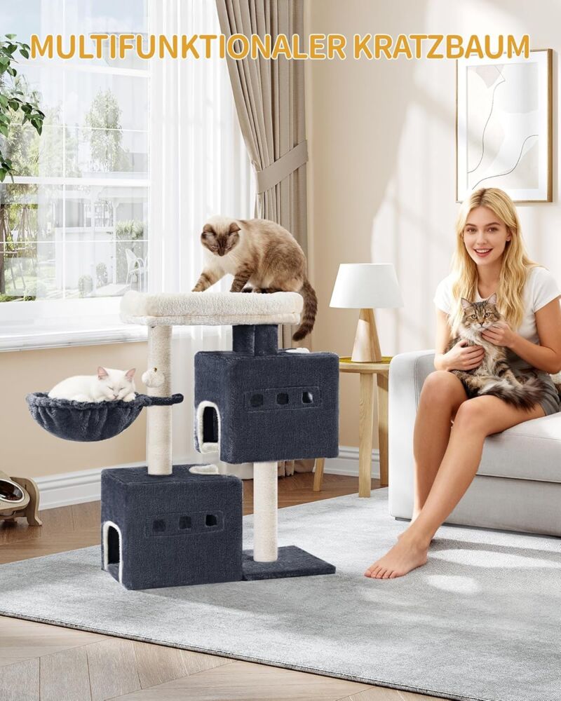 Kratzbaum, 75 cm Stabil Katzenbaum, Katzenkratzbaum mit Großer Liegefläche, Katzenhöhle, Sisalstämme, Korb, Plüschbälle, Katzenmöbel Spielbaum, Dunkelgrau Bild 1