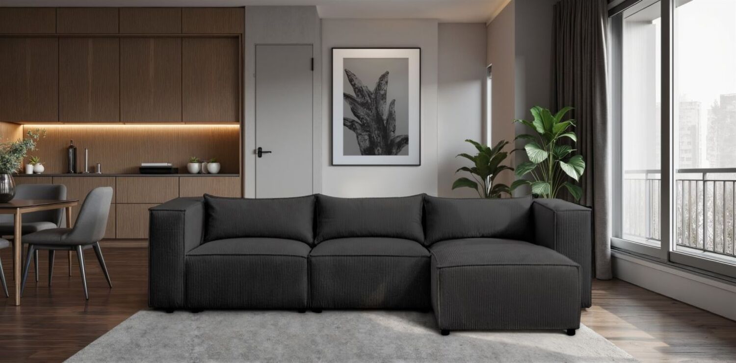 Ecksofa Designersofa NEVIO in Stoff Lincoln Schwarz Ottomane Rechts Bild 1