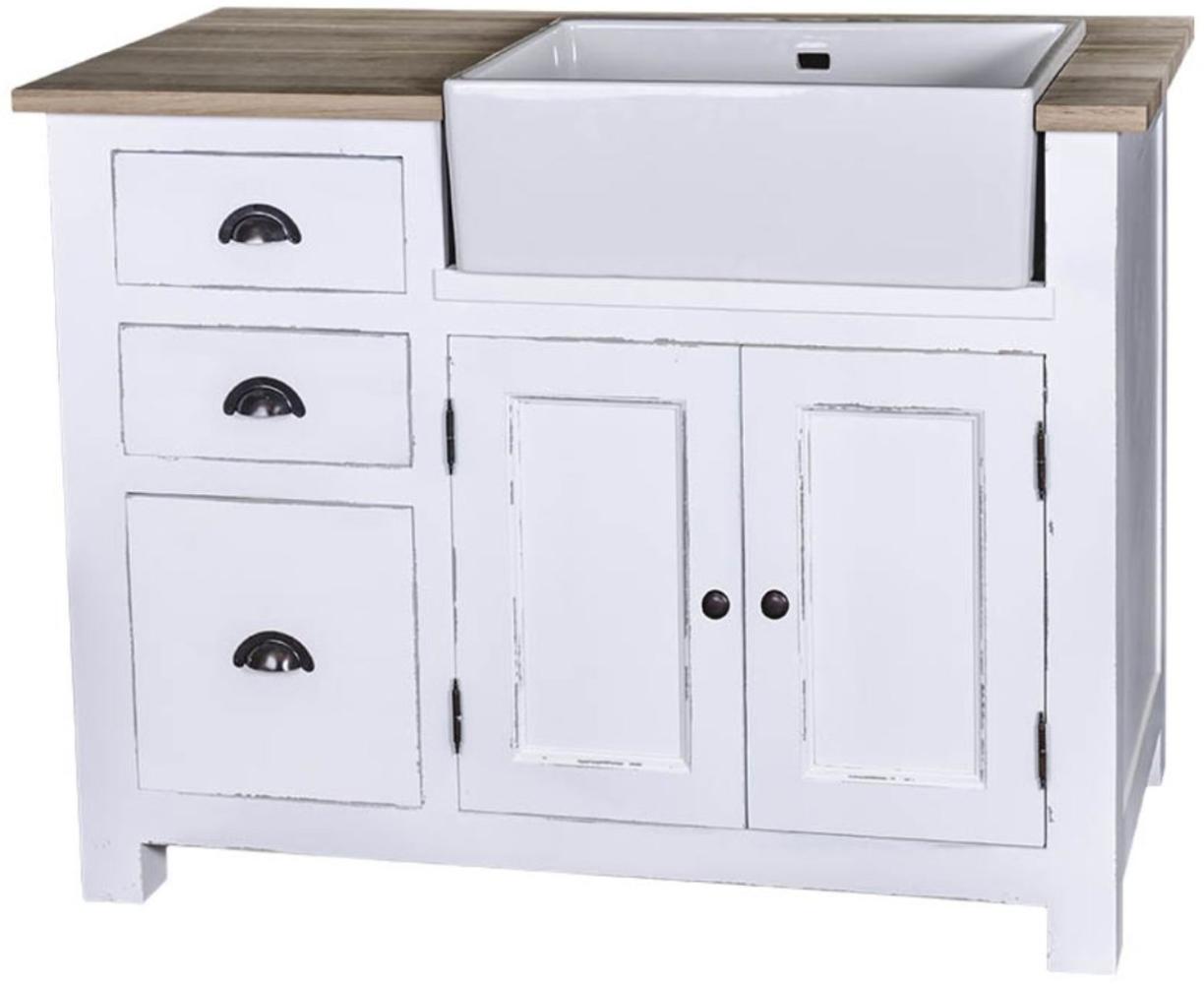 Casa Padrino Landhausstil Spülenschrank mit 2 Türen und 3 Schubladen Antik Weiß / Naturfarben 118 x 65 x H. 90 cm - Shabby Chic Küchenmöbel Bild 1