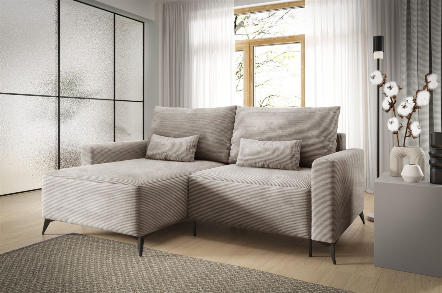 Ecksofa Schlafsofa Sofa SILVES in Stoff Poso Beige Ottomane Links Bild 1
