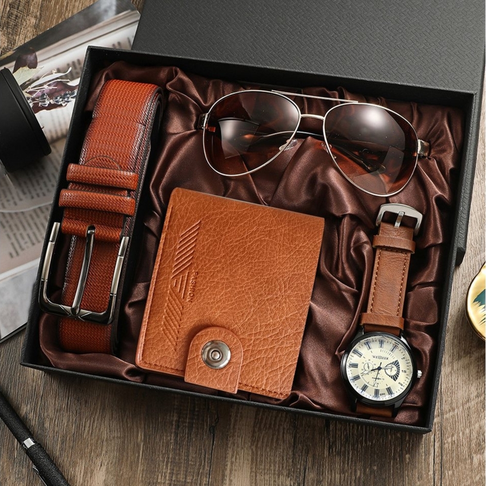 TOFOW Geschenkbox 4PCS Geschenk für Männer Herrenuhr Gürtel Brieftasche Set (Mann Männer Geburtstag Hochzeitstag Geschenke, 4 St, Geburtstag, Vattertag, Valentinstag Geschenk), Herren Geschenkbox Sets mit Ledergürtel Wallet Watch Gläsern Bild 1