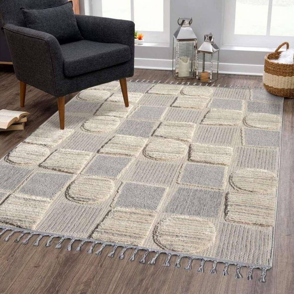 carpet city Teppich Boho Wohnzimmer - Creme - 200x290 cm - Patchwork-Muster - Relief-Optik, 3D-Effekt - Cut-&Loop, Sisal - Moderne Fransen-Teppiche Schlafzimmer Bild 1