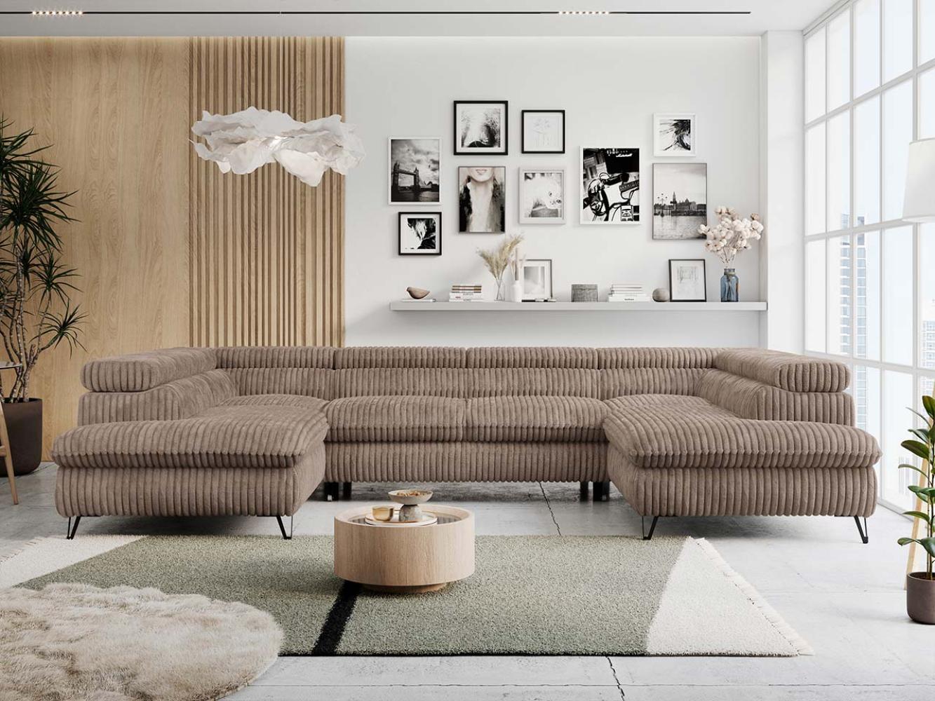 Ecksofa U-Form, mit Bettkasten, Bettfunktion und Einstellbare Kopfstützen, Sofa big XXL - PETER U - Braun Cord - Topper T25 Bild 1