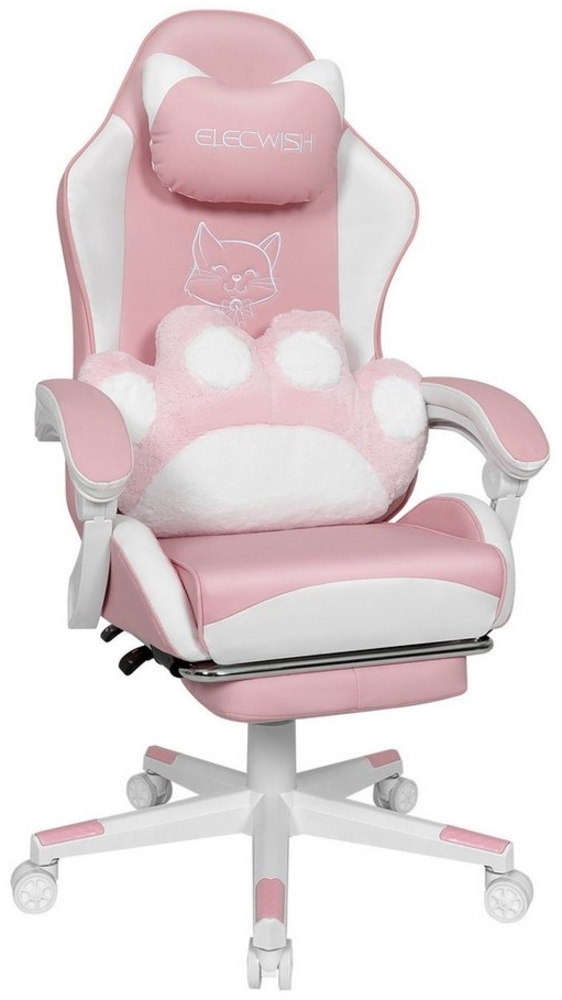 Puluomis Gaming-Stuhl Bürostuhl Ergonomisch mit Katzenpfote Lendenkissen und Katzenohren (Gamer Stuhl, Racing Computerstuhl PC Stuhl mit Fußstütze Kopfstütze), für Mädchen, Teenager, Kinder, Pink Bild 1