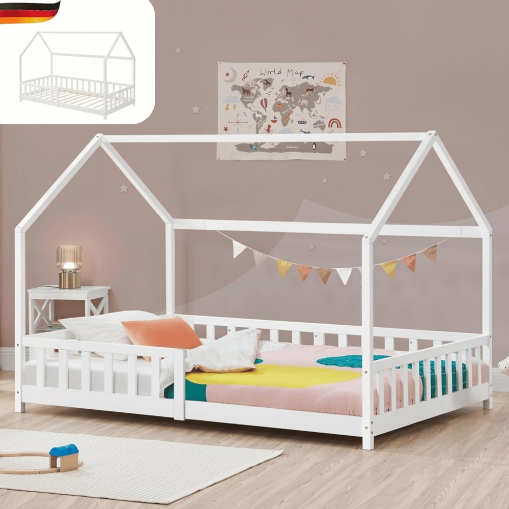 DELUKE® Kinderbett 90x200 OKLA - mit Lattenrost Rausfallschutz Haus-OptikEinzelbett aus Holz Hausbett Kinderzimmer Montessori Bett Weiß Bild 1