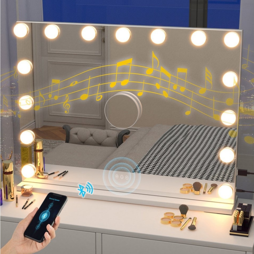 oyajia Schminkspiegel Hollywood Kosmetikspiegel mit 15/18 LEDs und Bluetooth-Lautsprecher (3 Lichtfarben stufenlos dimmbar mit LED touchscreen), Einstellbare Schminkspiegel für Wohnzimmer, Schlafzimme, Hotel Bild 1