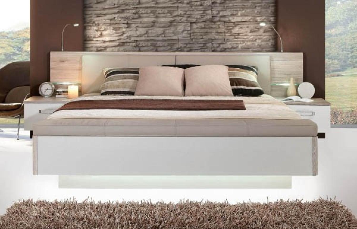 Bettanlage 160x200cm Bettgestell Nachtkonsolen sandeiche weiß Hochglanz Bild 1