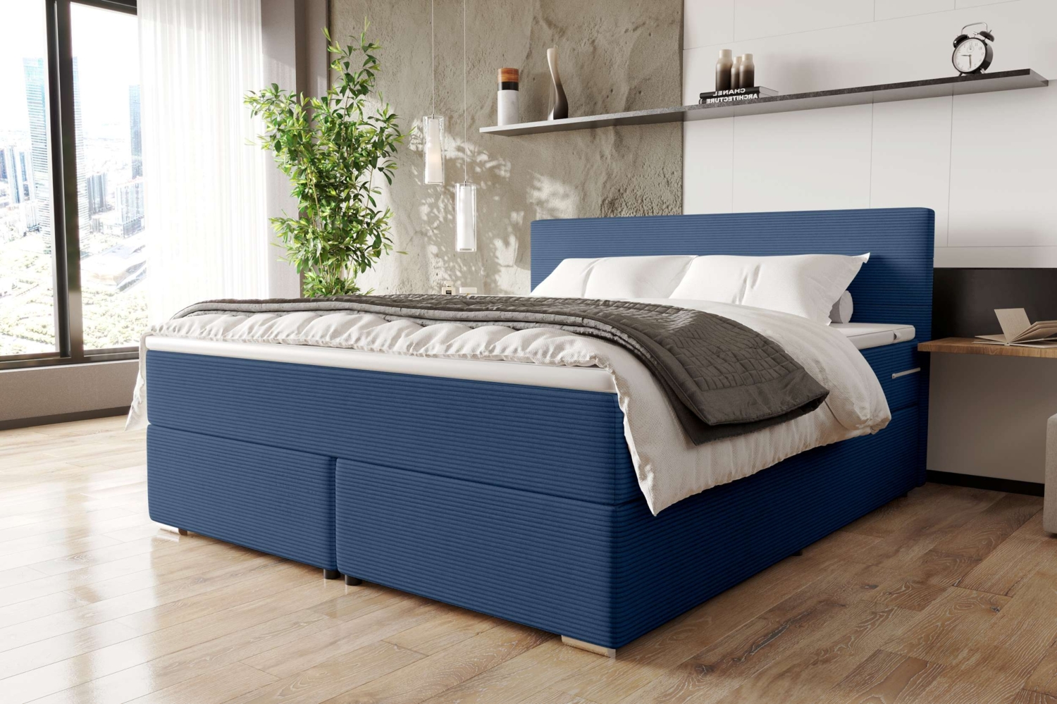 99rooms 'Phönix' Boxspringbett, Blau, 160x200 cm, Cordstoff POSO Bild 1