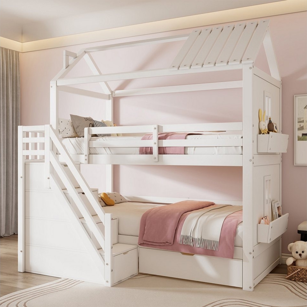 XDeer Kinderbett Etagenbett mit Stauraumtreppe Schubladen und Regalen Kinderbett, Hausbett Kiefer + MDF Ohne Matratze 90*200cm Weiß Bild 1