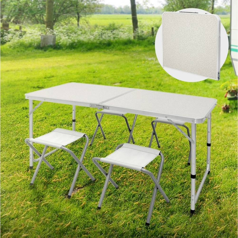 ECD Germany Campingtisch Gartentisch aus Aluminium und MDF, höhenverstellbar klappbar, Weiß mit 4 Hocker, Falttisch Balkontisch Reisetisch Arbeitstisch Tisch Bild 1