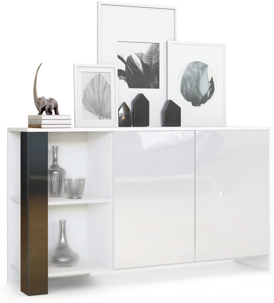 Sideboard Canto, lange Anrichte mit 2 Türen und 6 Fächern, Korpus Weiß matt, Fronten Weiß Hochglanz, Dekor-Paneele Schwarz Hochglanz (143 x 81 x 36 cm) Bild 1