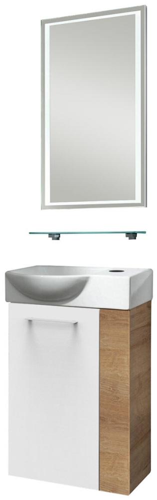 Fackelmann SBC MILANO Gäste WC Set 4-teilig 45 cm, Braun hell/Weiß, links, Keramik Hahnloch rechts, LED-Spiegel + Glasablage Bild 1