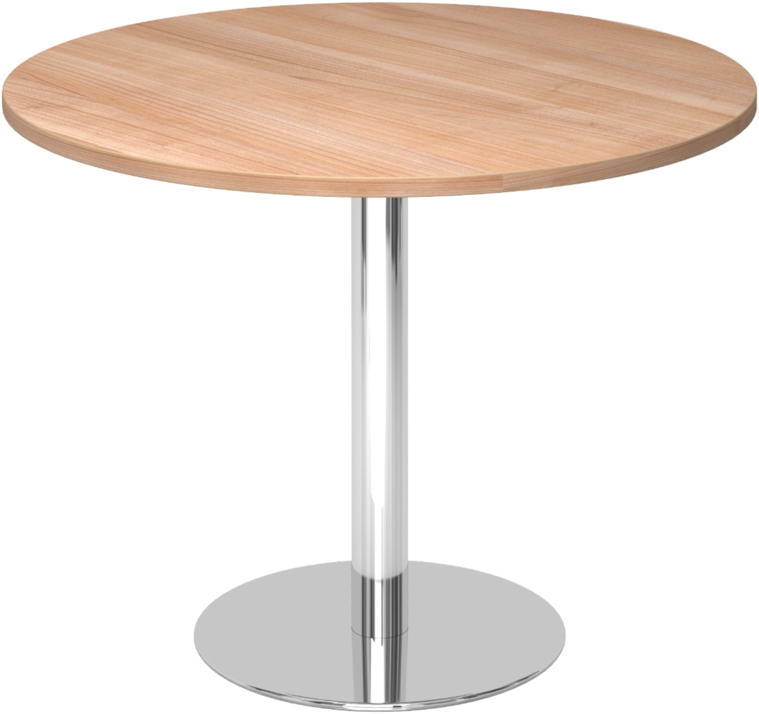 bümö Besprechungstisch, Esstisch klein, Tisch rund 100 cm - kleiner Esstisch Nussbaum, Rundtisch Esstisch 2 Personen mit Holz-Platte, Säule aus Metall verchromt, Konferenztisch, Bistrotisch, STF10-N-C Bild 1