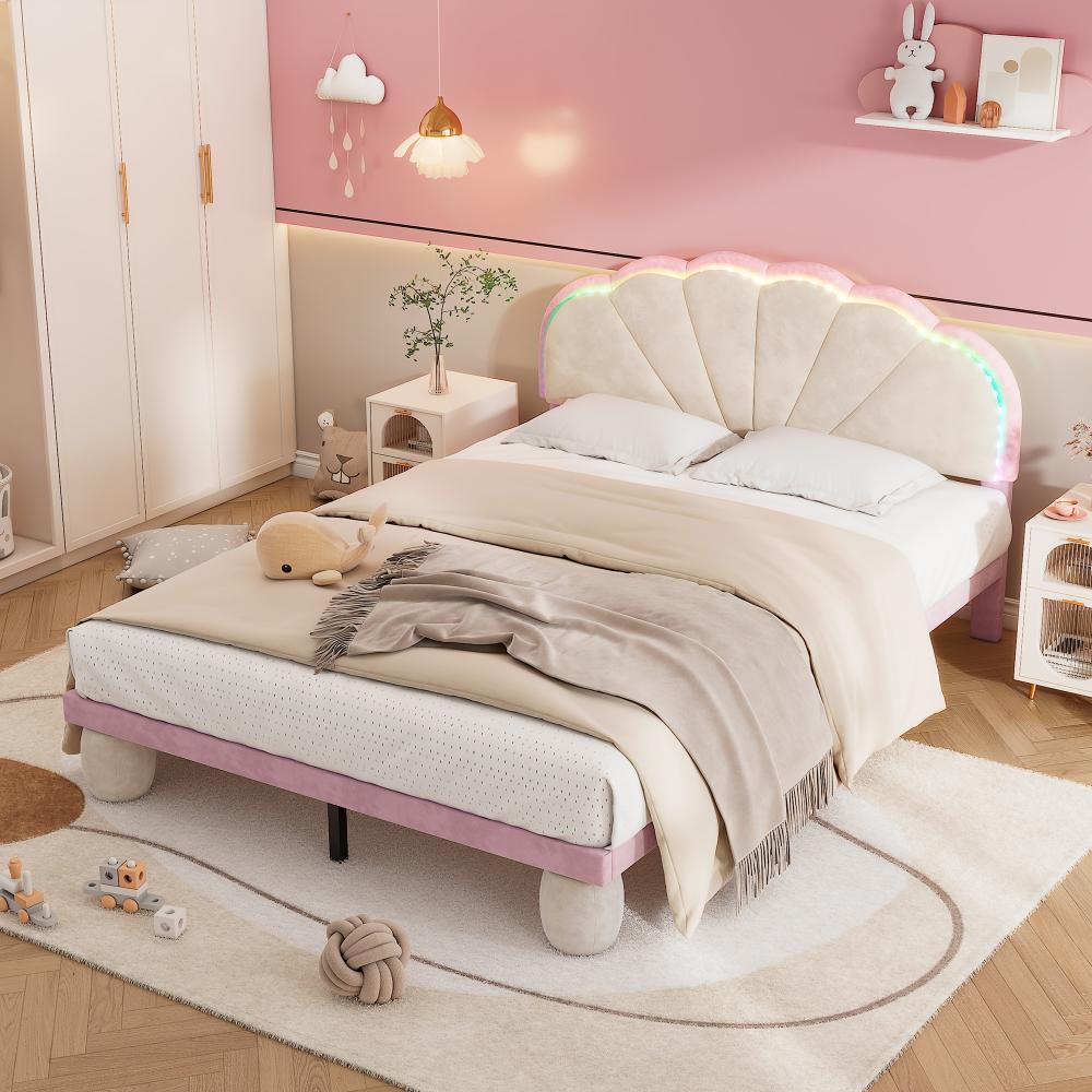 Merax Polsterbett mit mehrfarbigen, wechselnden Lichtstreifen, Kopfteil mit Wellenschliff, mit gepolsterter runden Beine, Kinderbett, Jugendbett mit Holzlatten, Doppelbett, Samt, Beige+Rosa, 140x200cm Bild 1