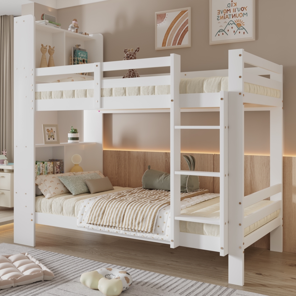 Merax Etagenbett 90x200cm Kinderbett mit Regalen und dreistufiger, rechtwinkliger Leiter, Stauraum-Holzbett, Bettrahmen aus Massivholz, Weiß Bild 1