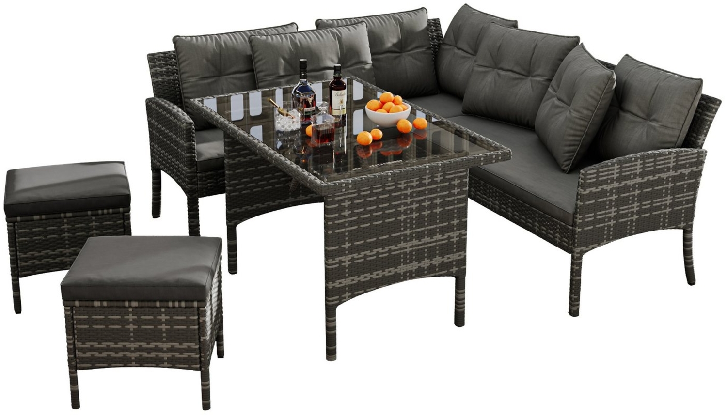 KLAM HOME Gartenlounge-Set Poly Rattan Sitzgruppe für 7 Personen Inkl. Sofa, Tisch & Hocker, (mit abnehmbaren Kissen & Anti-UV-PE-Rattan), pflegeleichte Sitzgarnitur für Terrasse & Garten Grau Bild 1