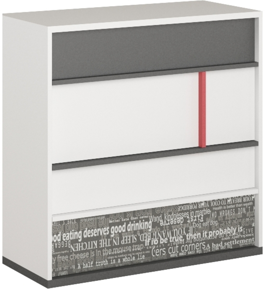 Kommode "Philosophy" Schubladenkommode 90cm weiß graphit rot mit Schrift Print Bild 1