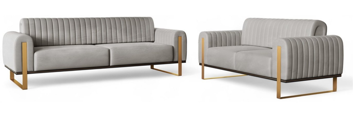 Sofaset Designersofas VALERIE 3-2 in Stoff Stoff Elisa Velvet Hellgrau Bild 1