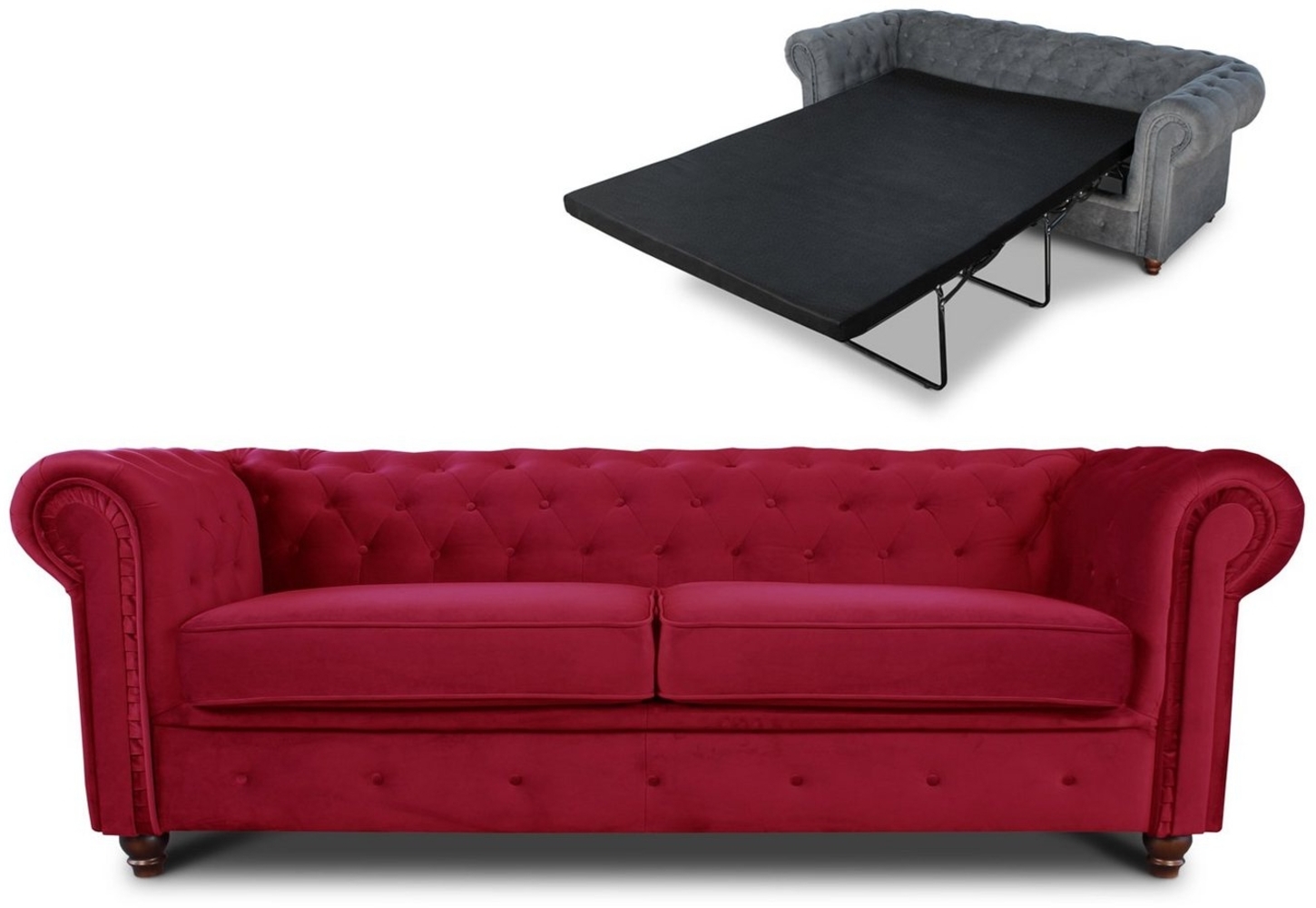 Schlafsofa Chesterfield Asti Bis 3-Sitzer, Sofa mit Schlaffunktion, Couch 3-er, Couchgarnitur, Sofagarnitur, Holzfüße - Glamour Design, Velours (Rot (Velvet 59)) Bild 1