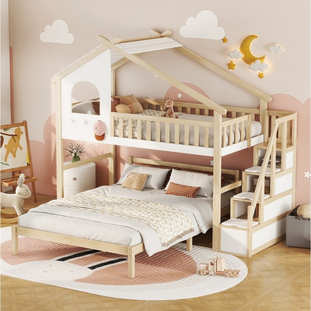 Flieks Etagenbett, Hochbett Kinderbett Hausbett mit Stauraumtreppe 90x200cm+140x200cm Bild 1