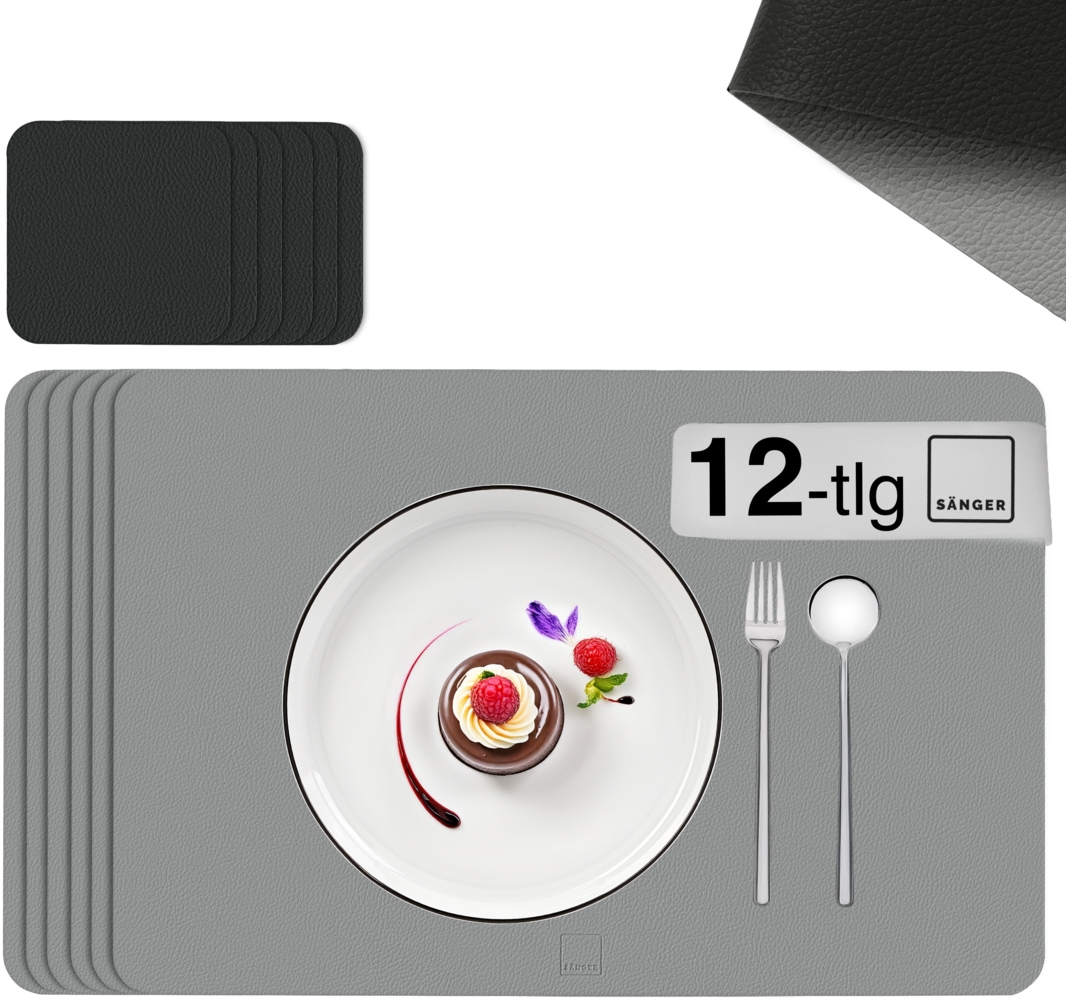 SÄNGER rechteckige Tischsets & Untersetzer aus Kunstleder 12 teilig für 6 Personen, Schwarz + Hellgrau Bild 1