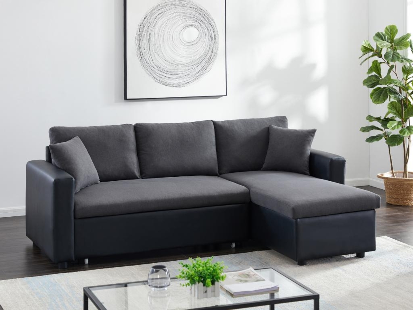 Vente-unique - Ecksofa mit Schlaffunktion GAZUR - Stoff & Kunstleder - Ecke wechselbar - Anthrazit & Schwarz Bild 1