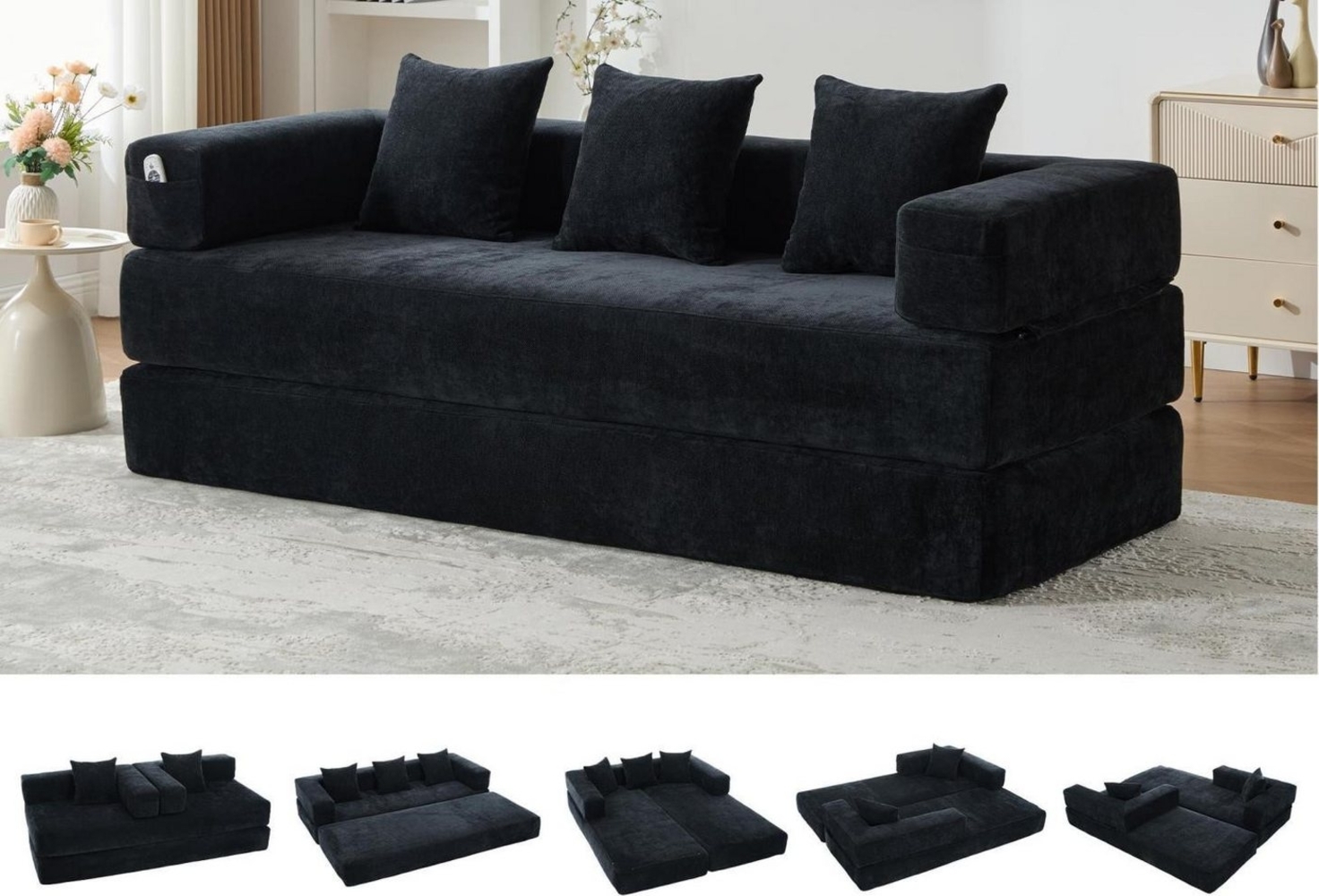 LVHOM Loungesofa 3 Sitzer Sofa mit Schlaffunktion, Formveränderung, mit Seitentaschen, Rutschfeste Unterseite, zwei Kissen verbunden mit Reißverschluss, modular frei kombinierbar (mit festen Armlehnen) für Sofa/Liege/Spielzentrum. Premium Chenille (sup... Bild 1