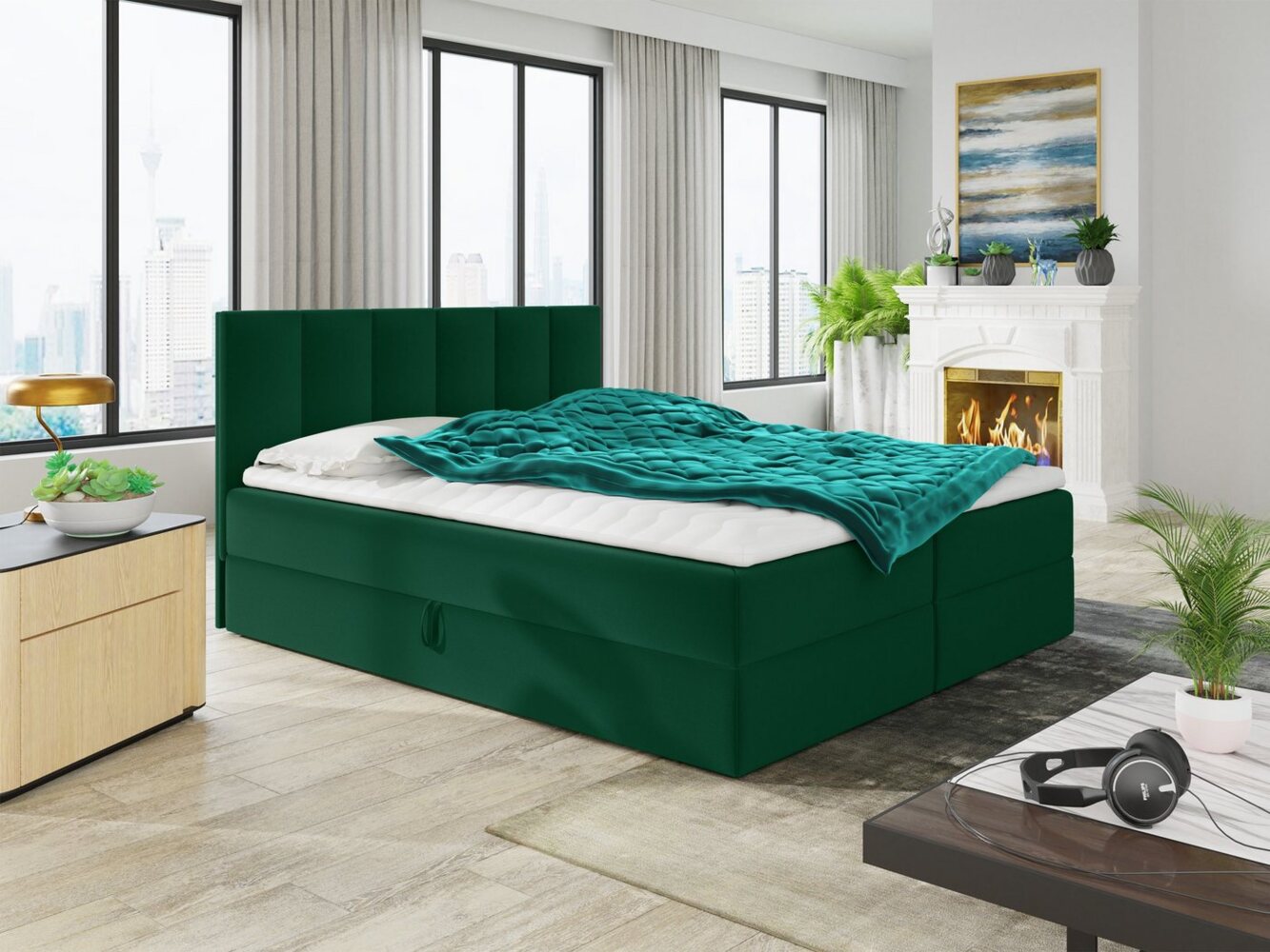 Boxspringbett Star mit Topper, Bonell-Matratze und 2 Bettkästen, Doppelbett, Polsterbett, Bett (Dunkelgrün (Kronos 19), 140 x 200 cm) Bild 1