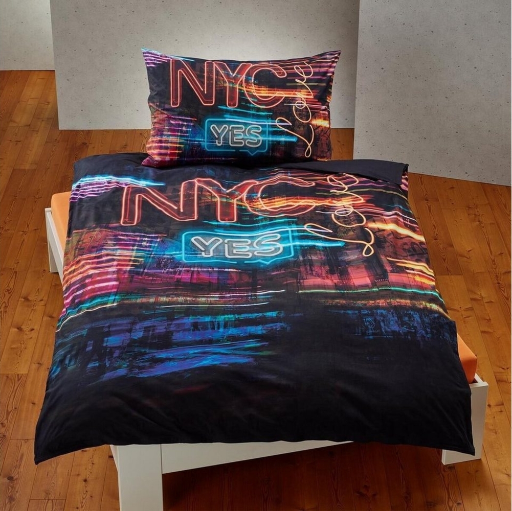 TRAUMSCHLAF Bettwäsche NYC, Renforce, 2 teilig, Neon Schriftzug Bild 1