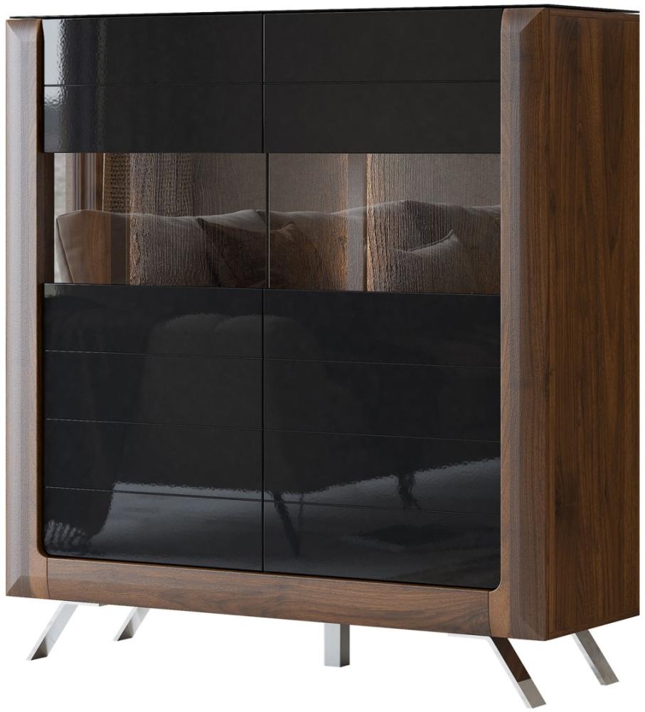 Highboard Stauraumvitrine Kleve 128x44x137cm Columbia Walnuss schwarz Hochglanz 2-türig Bild 1