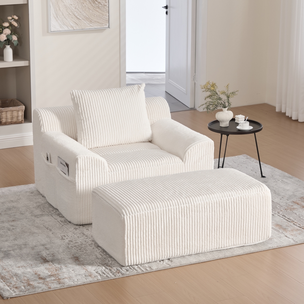 LVHOM Relaxsessel mit Hocker, Bodensofa mit Seitentaschen und Kissen, 1-Sitzer Sofasessel, Einzelsofa, für Wohnzimmer, Schlafzimmer und Studie, Beige Bild 1