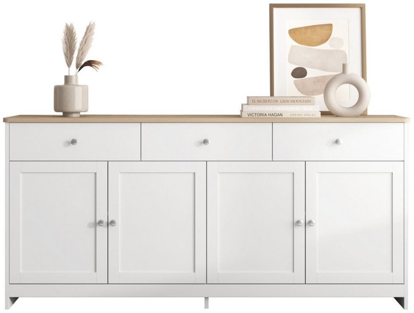 OKWISH Sideboard (mit weißer Holzmaserung, vier Türen, mit drei Schubladen, 1 St, Wohnzimmer, Esszimmer. Holzfarbe und Weiß) Bild 1