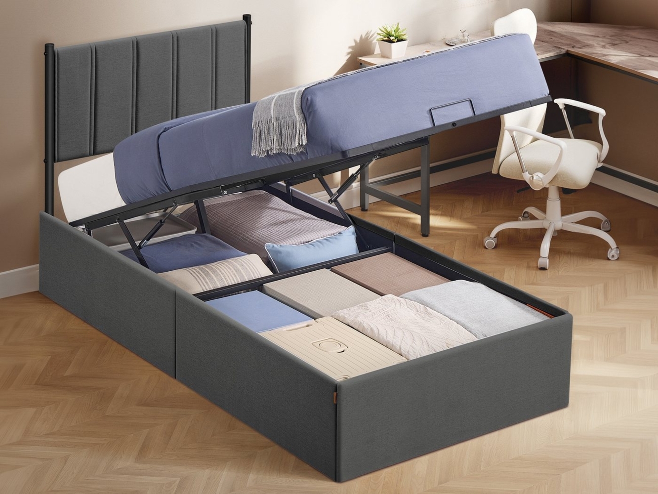 VASAGLE Bett, klappbar Lattenrost, Unterbettaufbewahrung, Kopfteil, Hydrauliksystem, dunkelgrau, 90x200 cm Bild 1