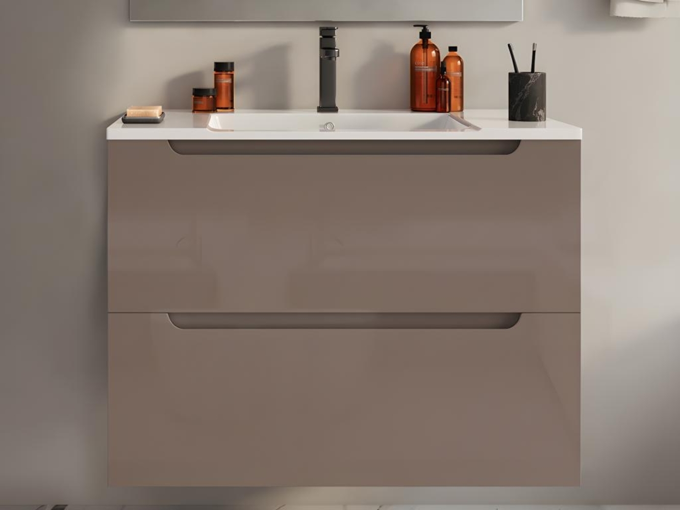 Vente-unique - Waschbeckenunterschrank hängend mit Einzelwaschbecken - 80 cm - Taupe - STEFANIE Bild 1