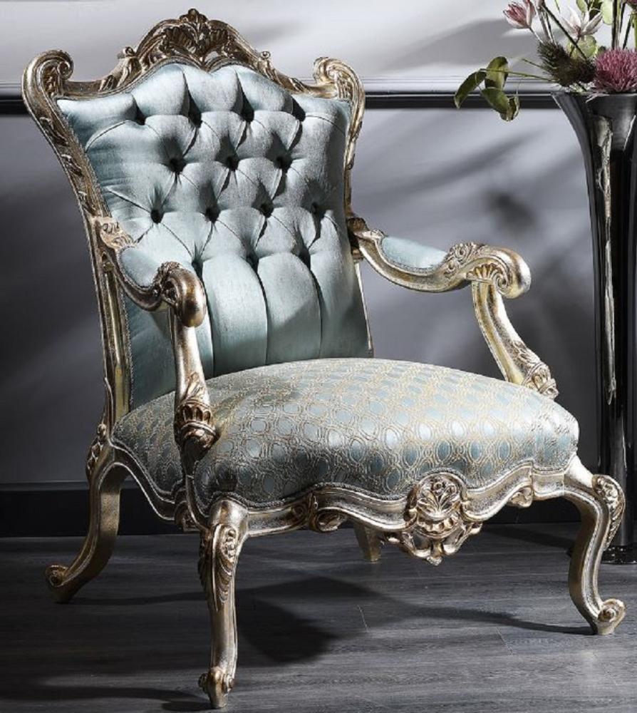 Casa Padrino Luxus Barock Chesterfield Thron Sessel Türkis / Gold / Silber 87 x 83 x H. 110 cm - Barockmöbel Bild 1