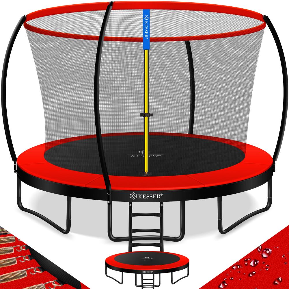 KESSER® Trampolin Gartentrampolin | TÜV Rheinland GS Zertifiziert | Kindertrampolin bis 150 kg | Komplettset mit Sicherheitsnetz, Leiter, Randabdeckung & Zubehör 366 cm, Rot / Schwarz Bild 1