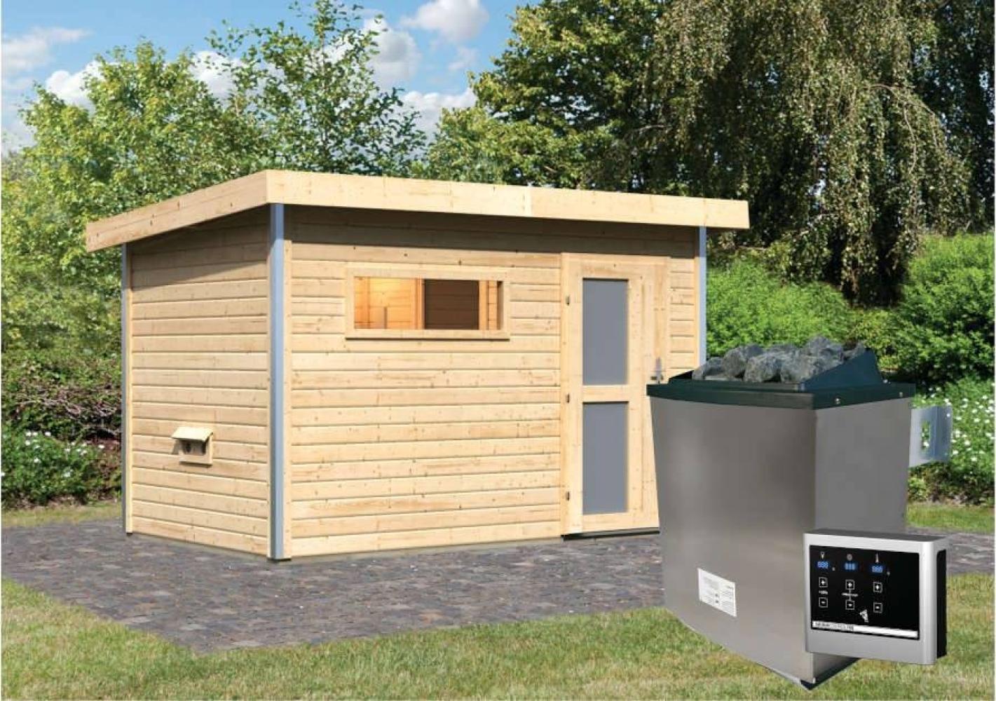 Karibu Sauna Skrollan 1 naturbelassen + 9 kW Saunaofen mit ext. Steuerung Easy Moderne Tür Bild 1