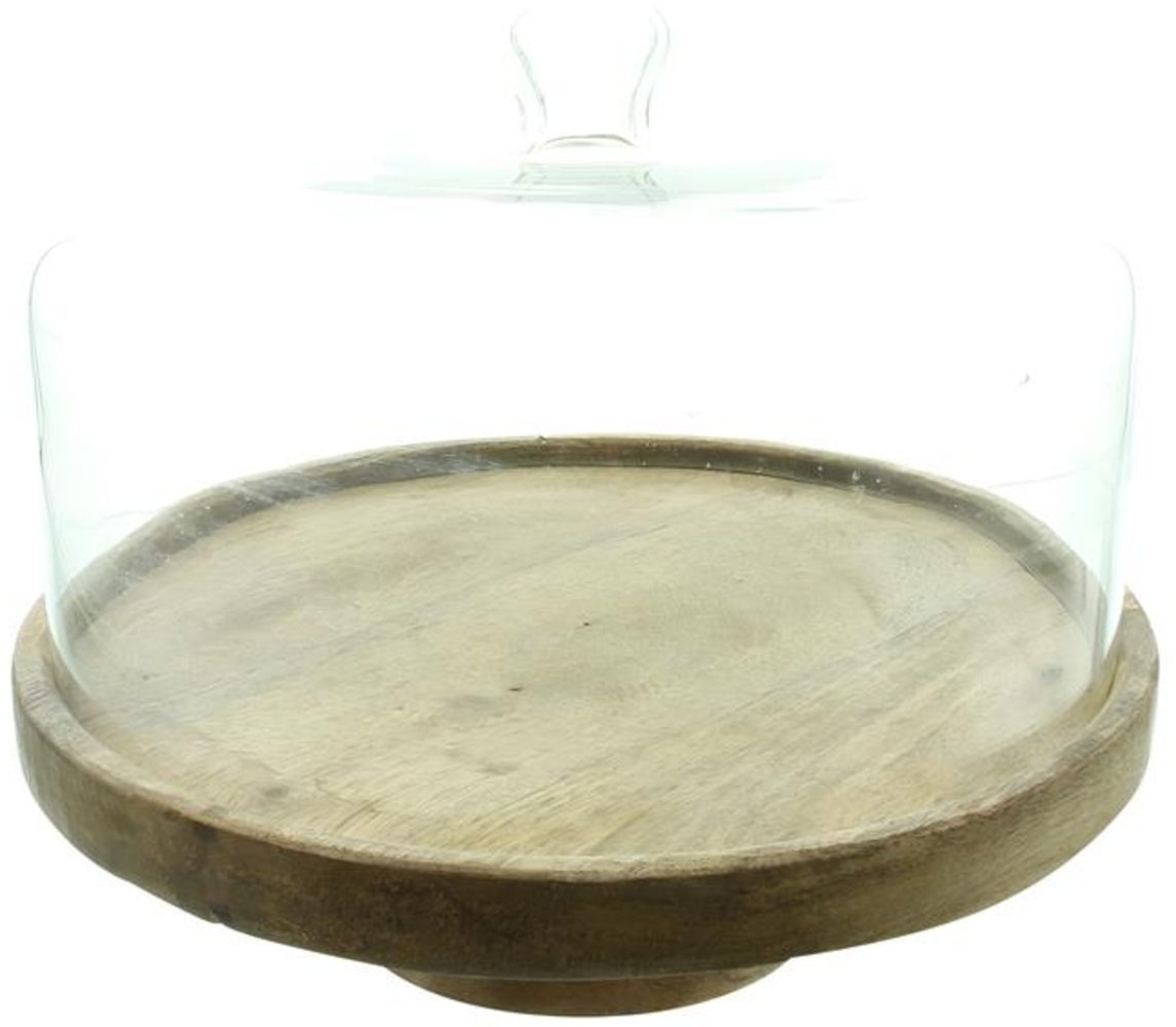 Servierplatte aus Mango Holz mit Haube aus Glas, Käseglocke, Holzteller mit Glasglocke, Servierbrett Bild 1