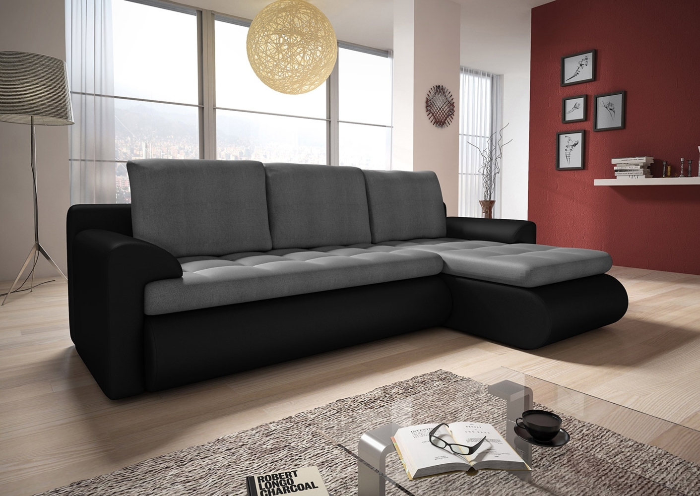 Sofnet 'Santi' Ecksofa mit Bettkasten und Schlaffunktion, Kunstleder/Velours Grau, 226 x 152 x 85 cm, Ausrichtung Rechts Bild 1