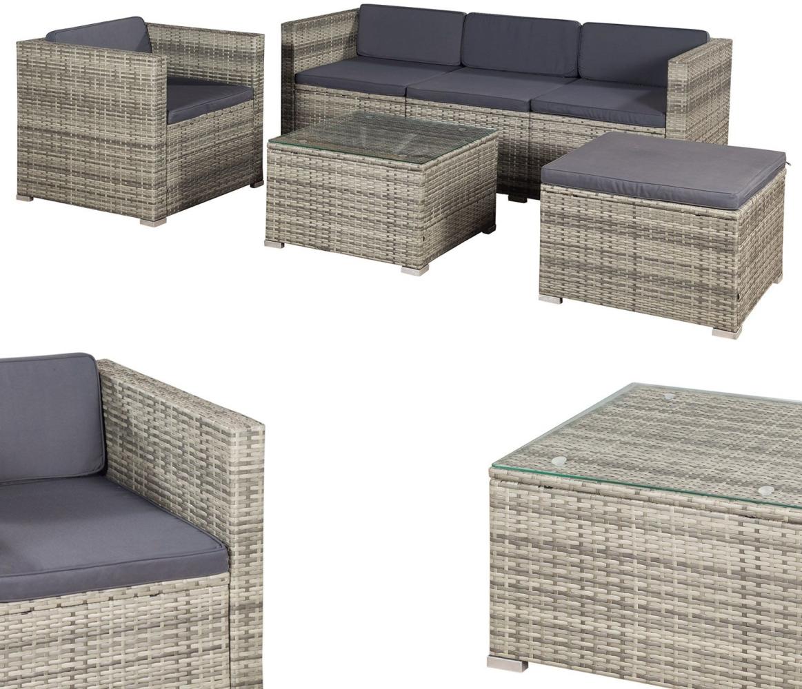 Juskys Polyrattan Lounge Punta Cana L grau-meliert – Gartenlounge für 4-5 Personen – Sitzgruppe mit Sessel, Sofa, Tisch & Hocker - Sitzbezüge Grau Bild 1