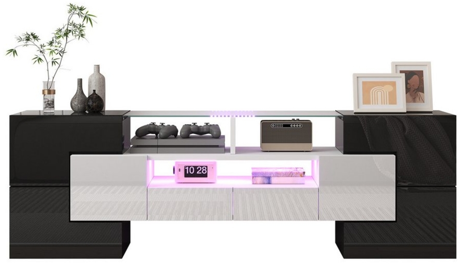 BlingBin TV-Schrank Lowboard (1-St, Wohnzimmermöbel mit LED-Beleuchtung und 4 Türen 2 Schubladen) 145 cm elegante Glasoberfläche Bild 1