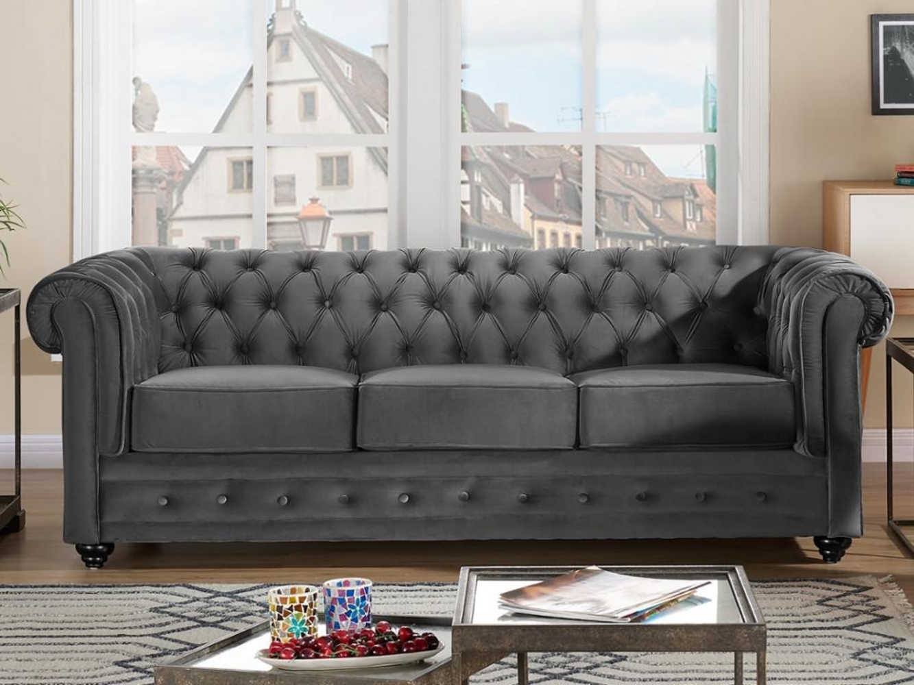 Vente-unique - Sofa 3-Sitzer - Samt - Anthrazit - CHESTERFIELD Bild 1